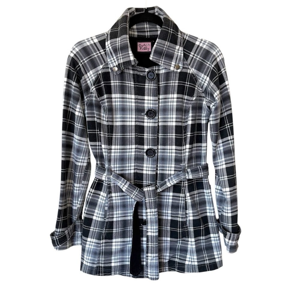 LA Kitty Plaid Belted Jacket Small Preppy Chic Tartan Coat